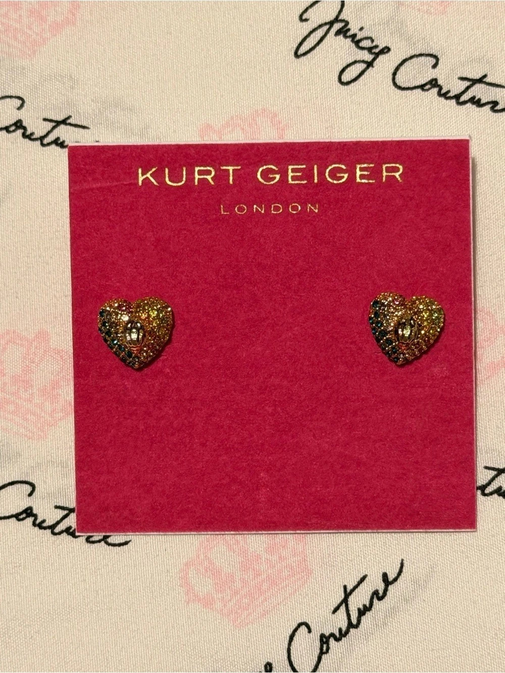 Kurt Geiger Rainbow Crystal Heart Stud Earrings with Eagle Head Motif Heart Stud